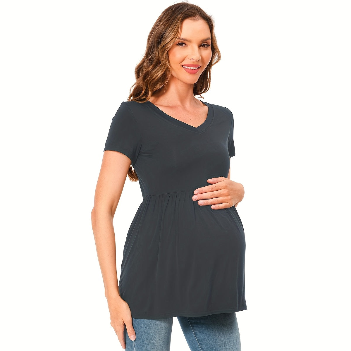 Maternity T-Shirts Soft and Comfortable Summer 3-Pack| Short Sleeve V-Neck, Pleated Hem, Medium Stretch Fabric for Pregnant Women