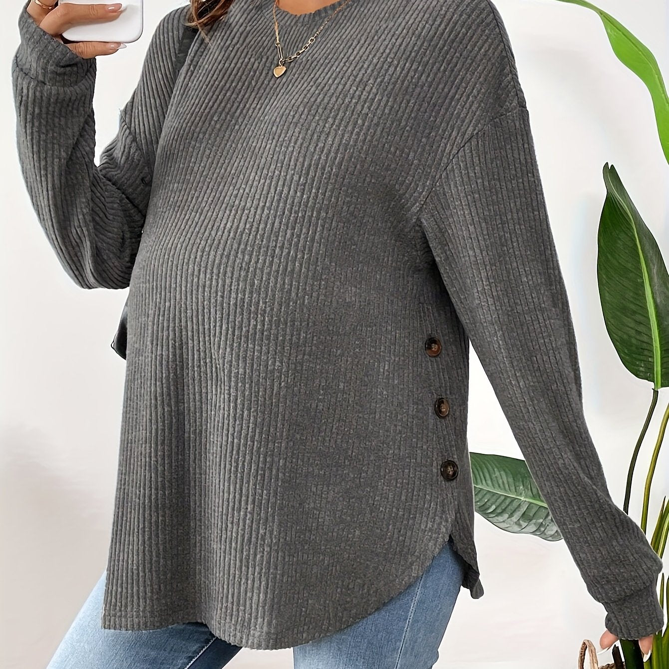Maternity Long Sleeve Lined Knit Pullover Top With Adjustable Buttons, Round Neck, Perfect For Daily Wear AutumnWinter