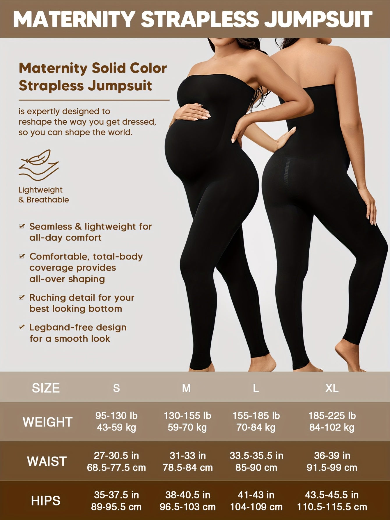 Maternity Bodysuit for Women, Strapless Seamless One-Piece, Stretchy Shapewear Jumpsuit with Under Belly, Elegant Full-Length Wear, Suitable for Prenatal & Postpartum, Machine Washable
