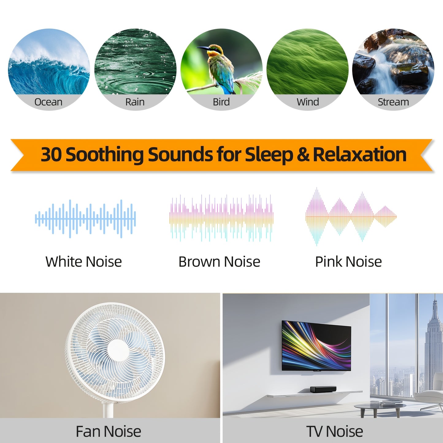 White Noise Machine with 7 Alarm Sounds & 20 Relaxing Music Tracks - Adjustable Volume, Night Light & Timer Suitable for Sleep, Focus Aid - Digital Alarm Clock with Soothing Sound Generator for Adults, Babies and Kids Bedside