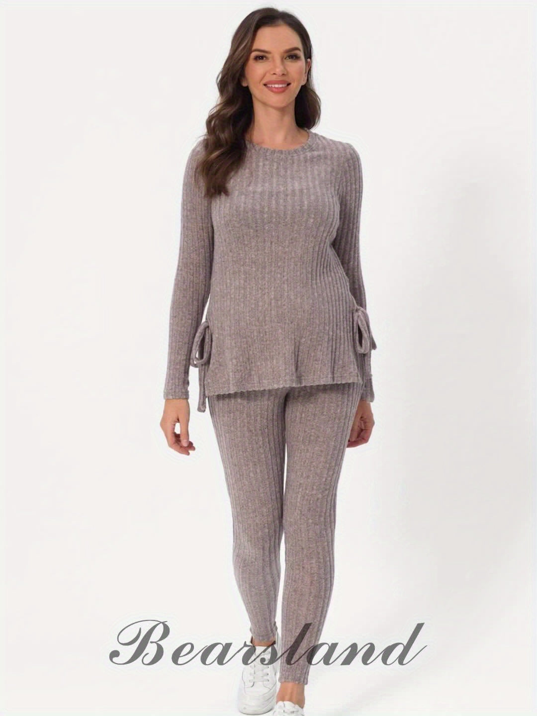 Maternity Women's Fall/Winter 2PCS - Loose Warm Set with Long Sleeves, Round Neck Side Slit and Adjustable Pants Leg Ties
