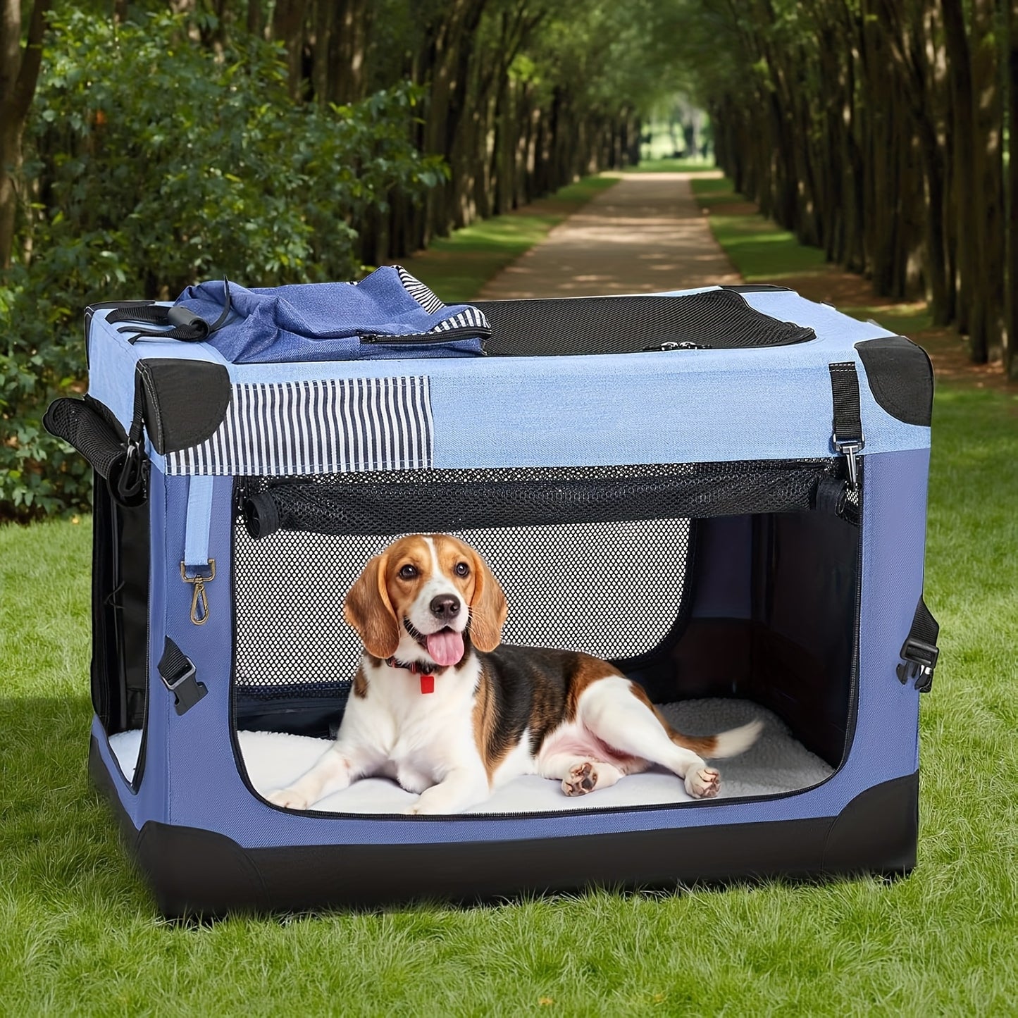 Nomipaw Pet Soft Collapsible Dog Crate - 26/30/36 Inch Portable Travel Dog Crate for Medium/Large Dogs Indoor & Outdoor, 3-Door Pet Crate with Durable Mesh Windows & Storage Bag, Blue