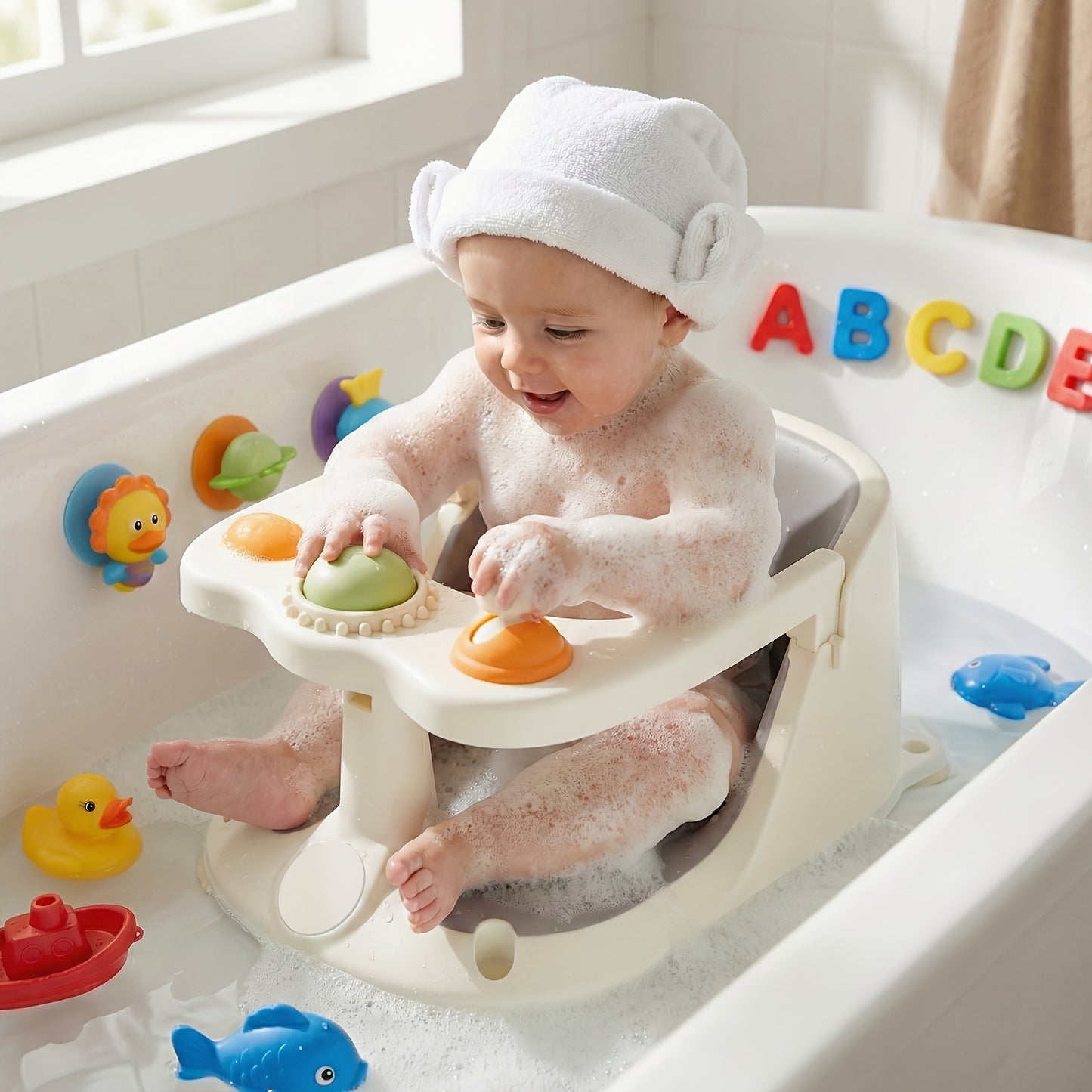 Bath Seat for Sitting Babies, Designed for Babies And Children to Ensure Safety During Bathing And Showering. Suitable for Infants Aged 6 Months And Older, This Non-Slip Chair Features Suction Cups And a Soft Cushion.