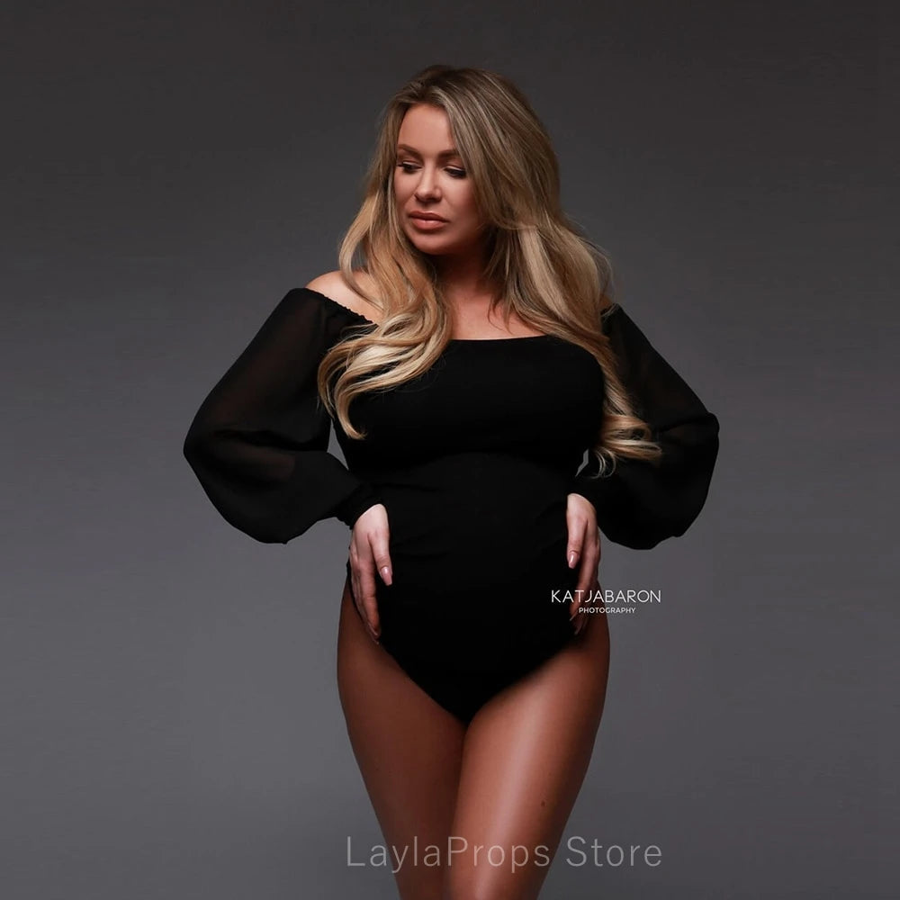 Maternity Photoshoot Black Gorgeous Bodysuit Off Shoulder Neckline Chiffon Sleeves