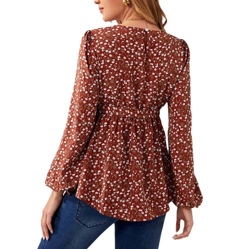 Maternity Blouse with Floral Print Long - Sleeve Round - Neck Button Belt Ruffled Hem Top