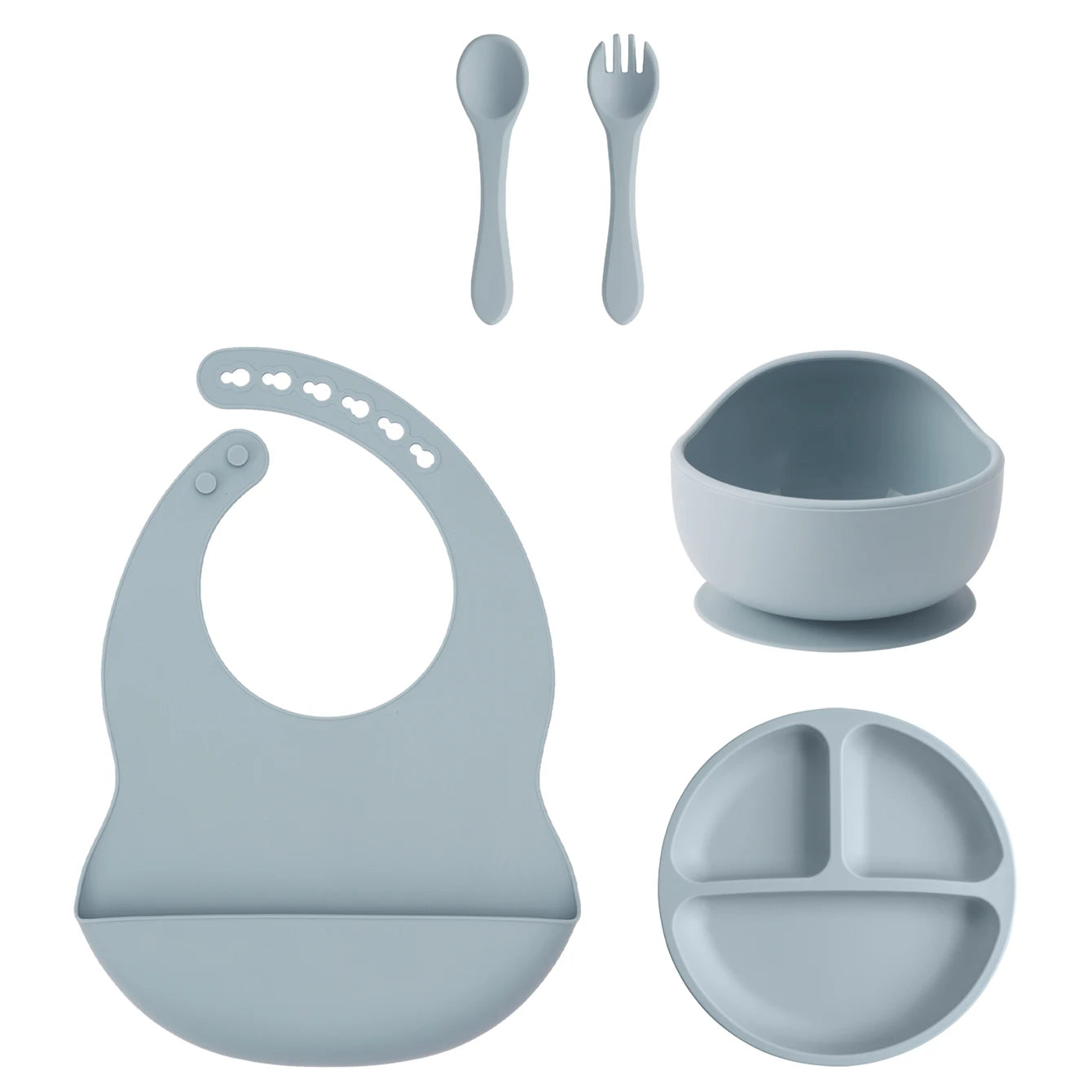 5PCS Silicone BPA Free Baby Toddler Feeding Set; Suction Plate, Suction Bowl, Bib, Spoon Fork Training Tableware Gift Set