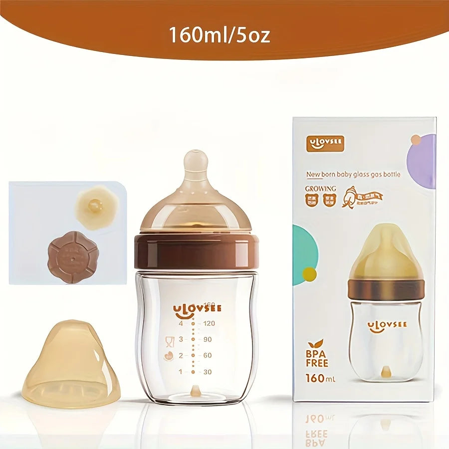 4oz,8oz High Borosilicate Glass Baby Bottle,Nipple,Wide-Neck Feeding Bottle with Bottom Air Balance Hole/Valve,Glass Milk Bottle