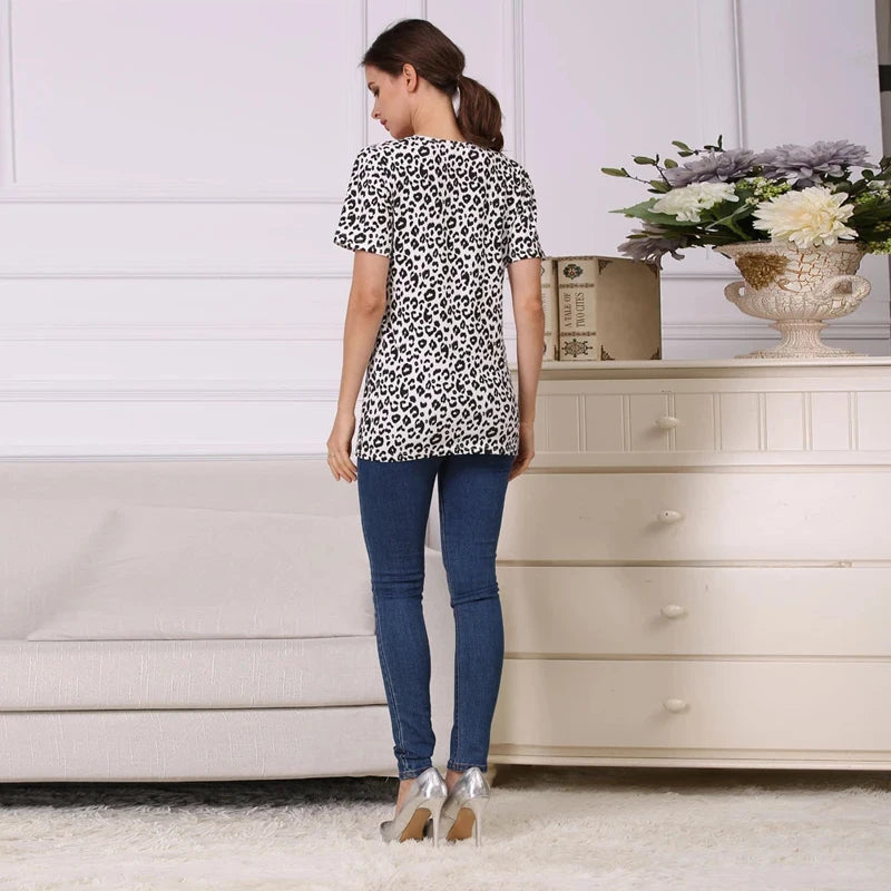 Nursing Postpartum Breastfeeding Short Sleeve T-Shirt Leopard Print Top