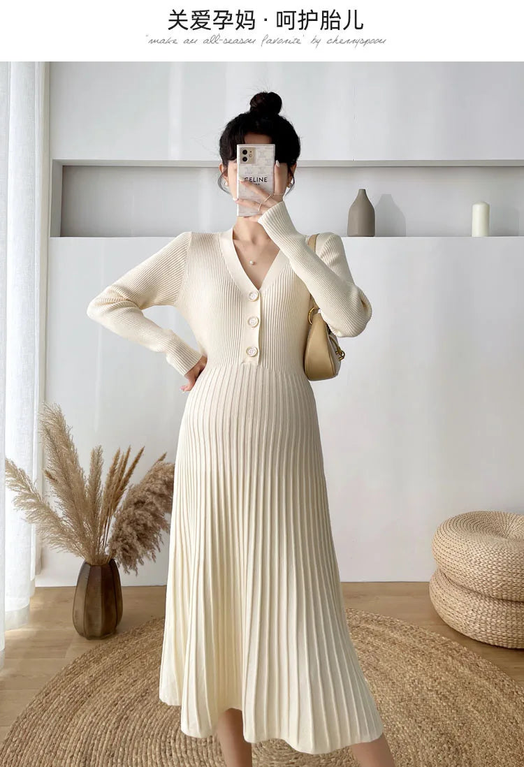 Maternity V-Neck Long Sleeve Sweater Dress