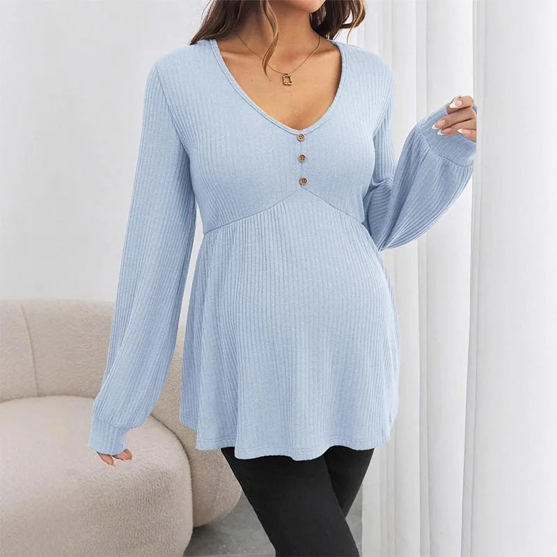 Maternity V-neck T-shirt Summer Solid Color Long Sleeve Pregnant Women's Wear