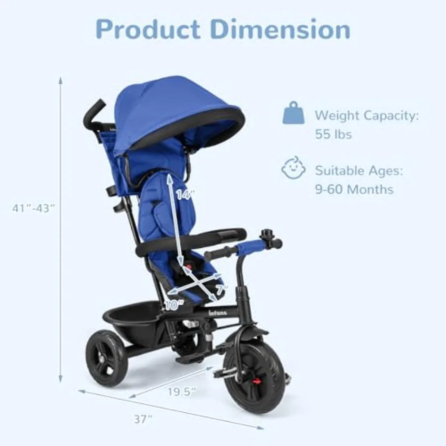 Stroller Tricycle 6 in 1 Baby Trike Toddler Bike with Reversible Seat Adjustable Push Handle Control Direction Removable Canopy