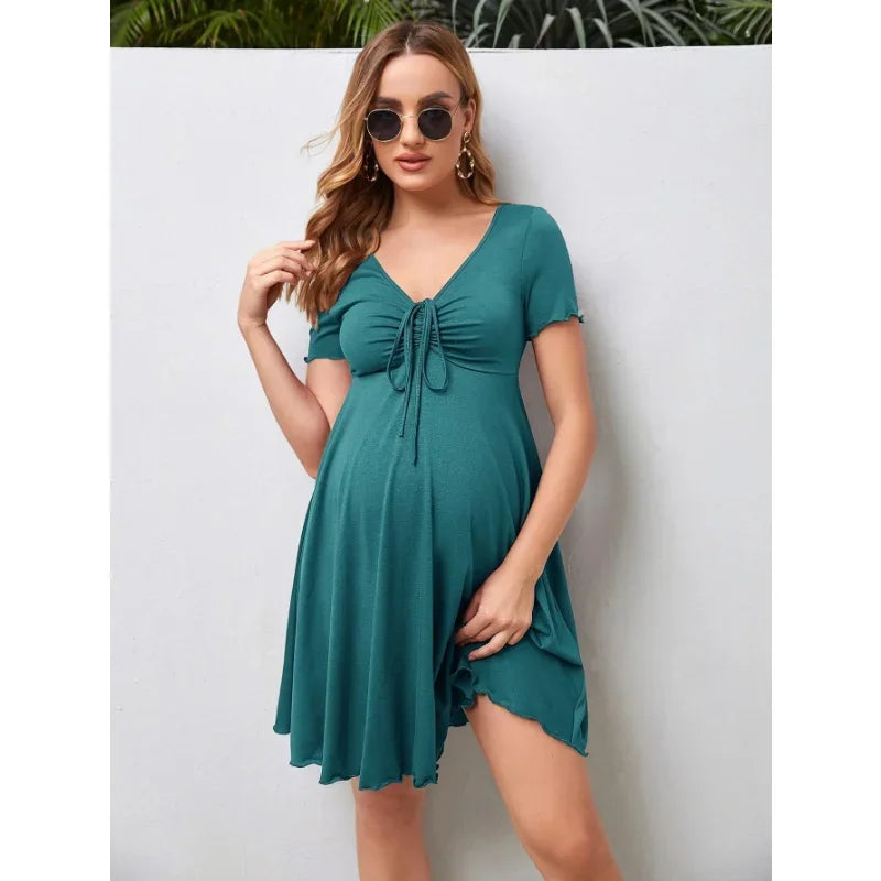 Maternity Summer Solid Color V-neck Loose Plus Size Women Dress