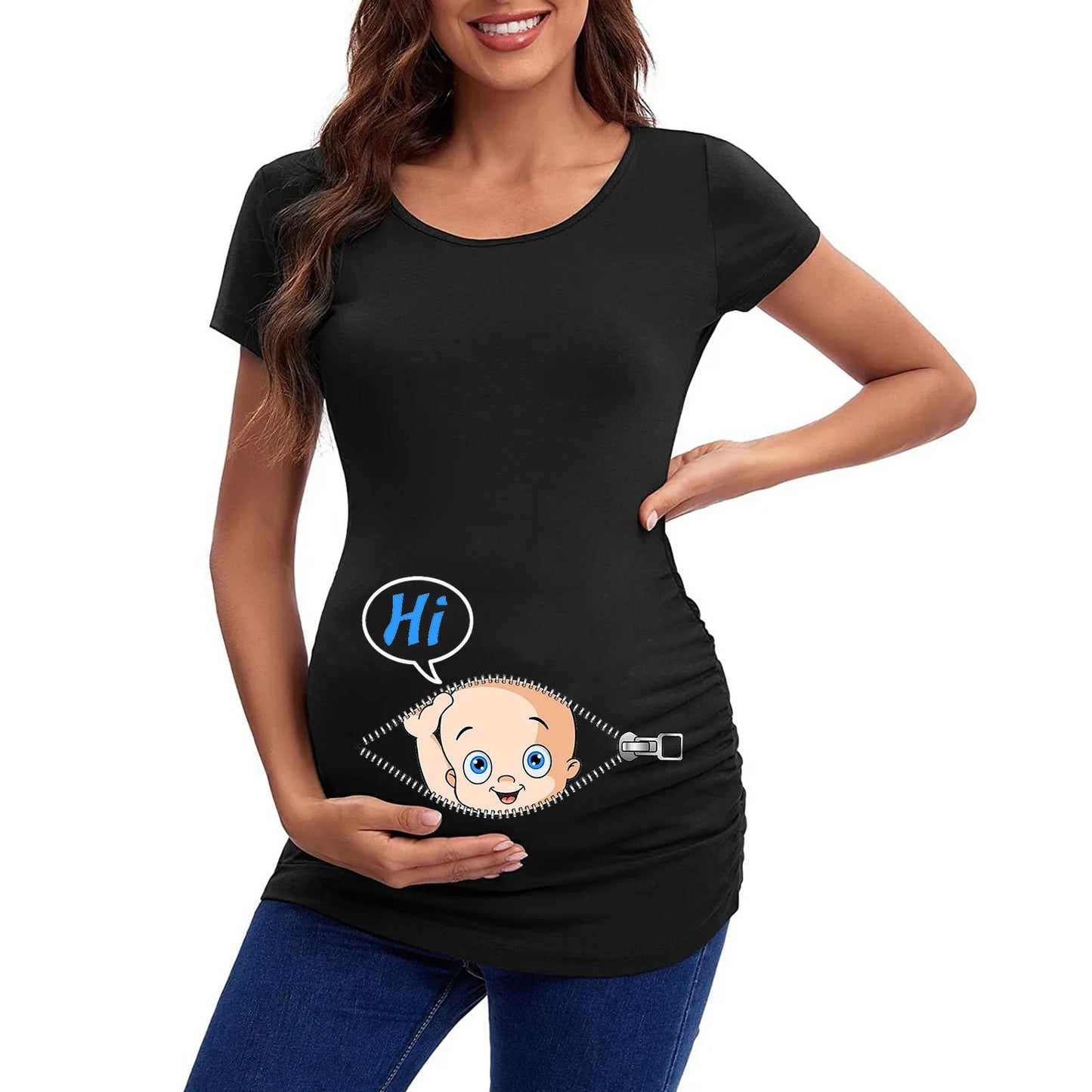 Maternity Short Sleeve Fun Printed Casual Daily Wear Elastic Tops For Women, XS-XXXL sizes available
