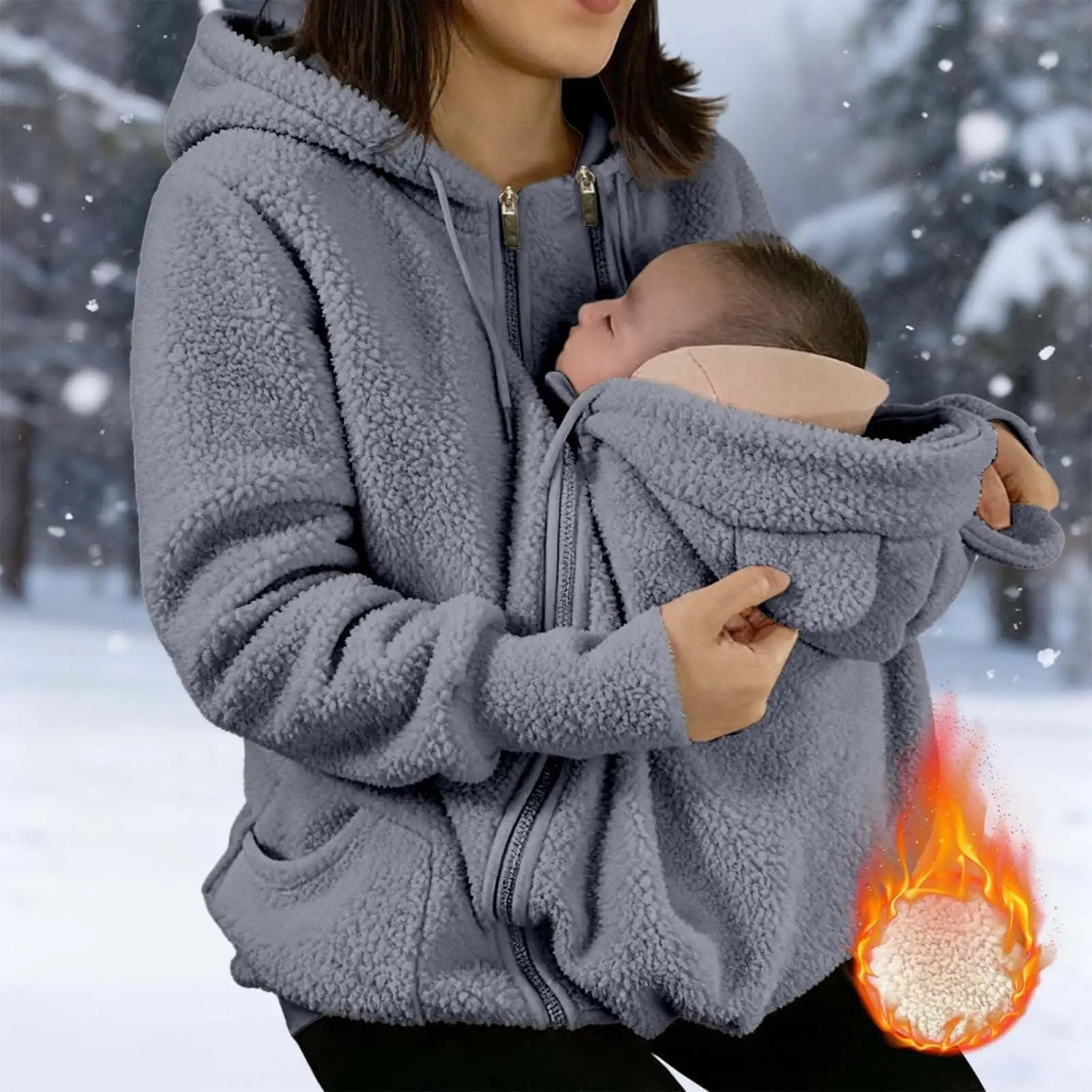 Maternity Warm Fleece Jacket Full Zip Baby Kangaroo Pouch For Winter Multifunctional Jacket, Plus Size Available
