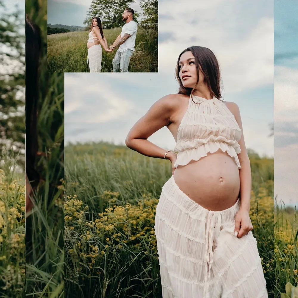 Maternity Photography Dress - Sexy Pleated Halter Top with Matching Chiffon Skirt, 2PC Set