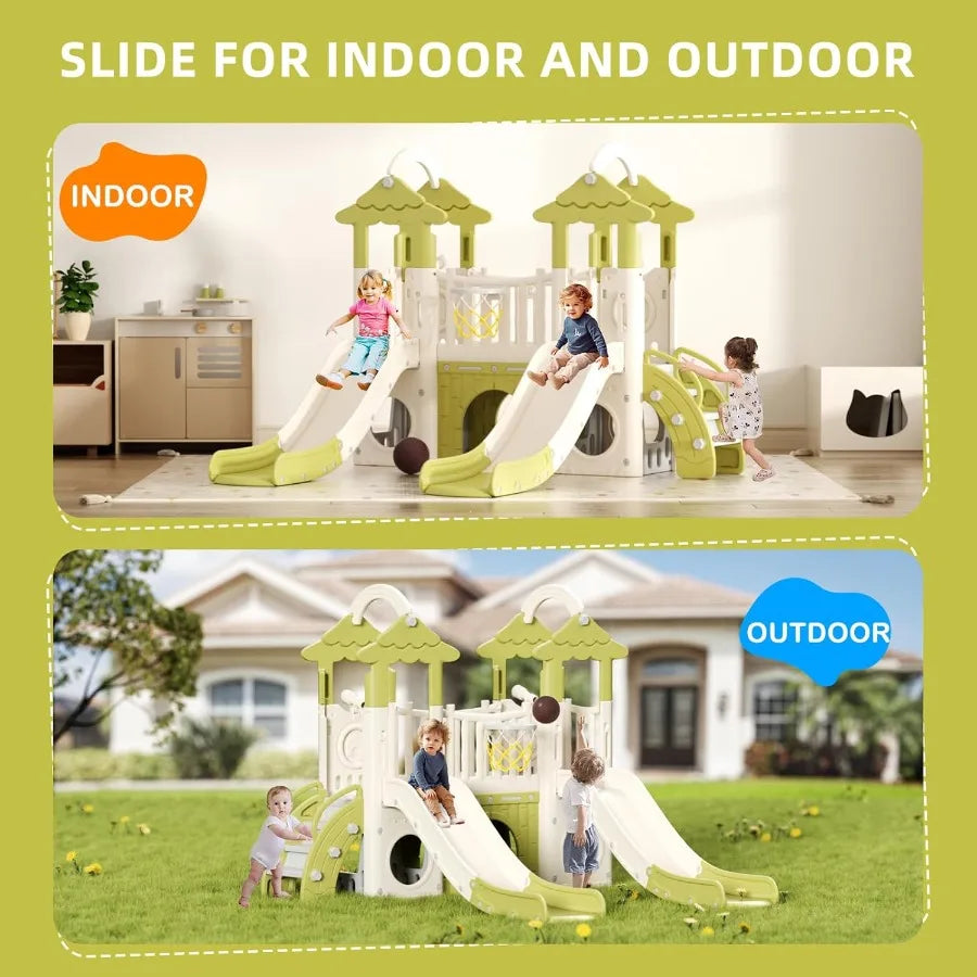 8in1 Toddler Slide Indoor Playground Sets Toddler Outdoor Playset Backyards Slides for Age 1+ with Double SlidesGrassroof Climb