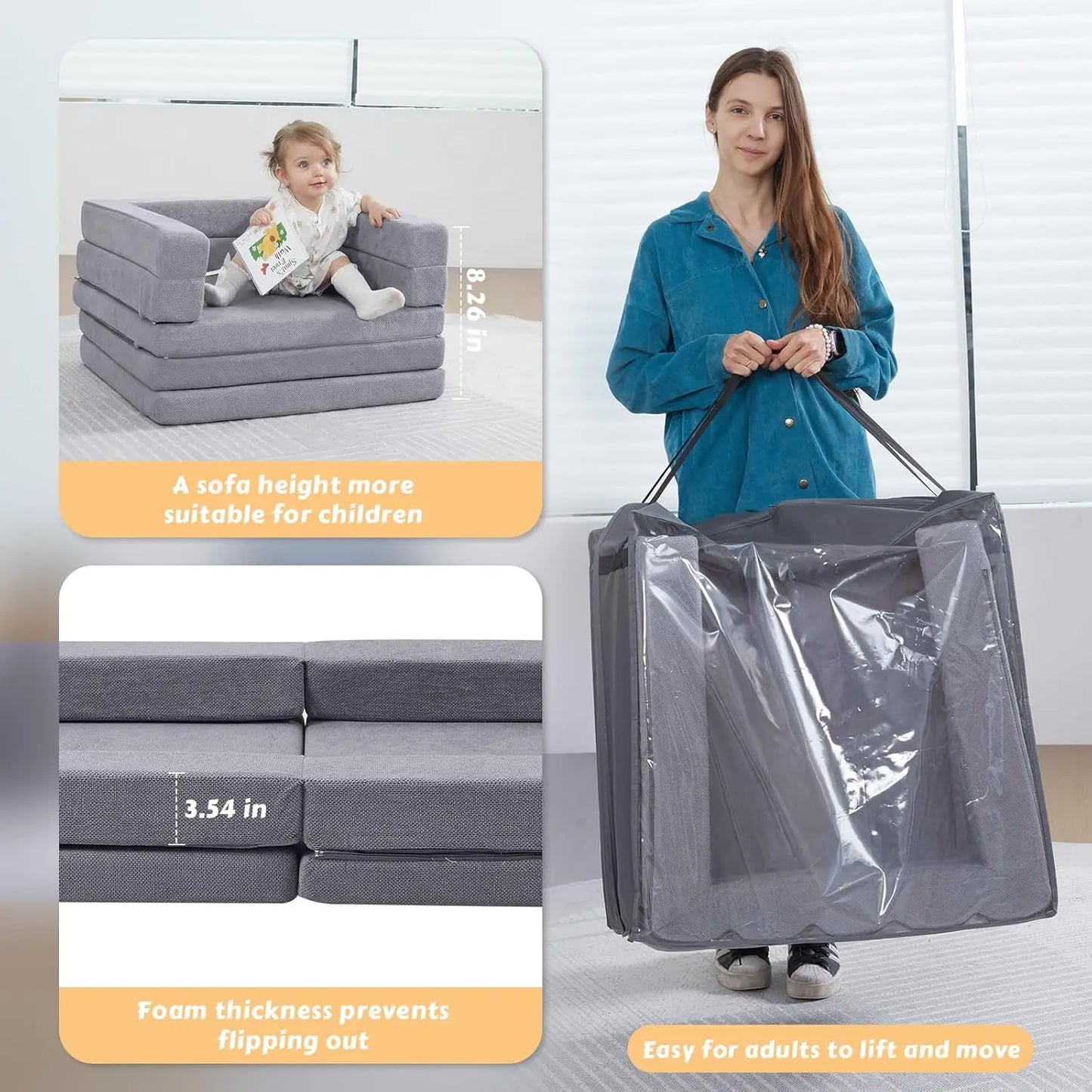 Foldable Toddler Couch, 3-in-1 Toddler Chair & Lounger with Waterproof Carry Bag,Portable Travel Play