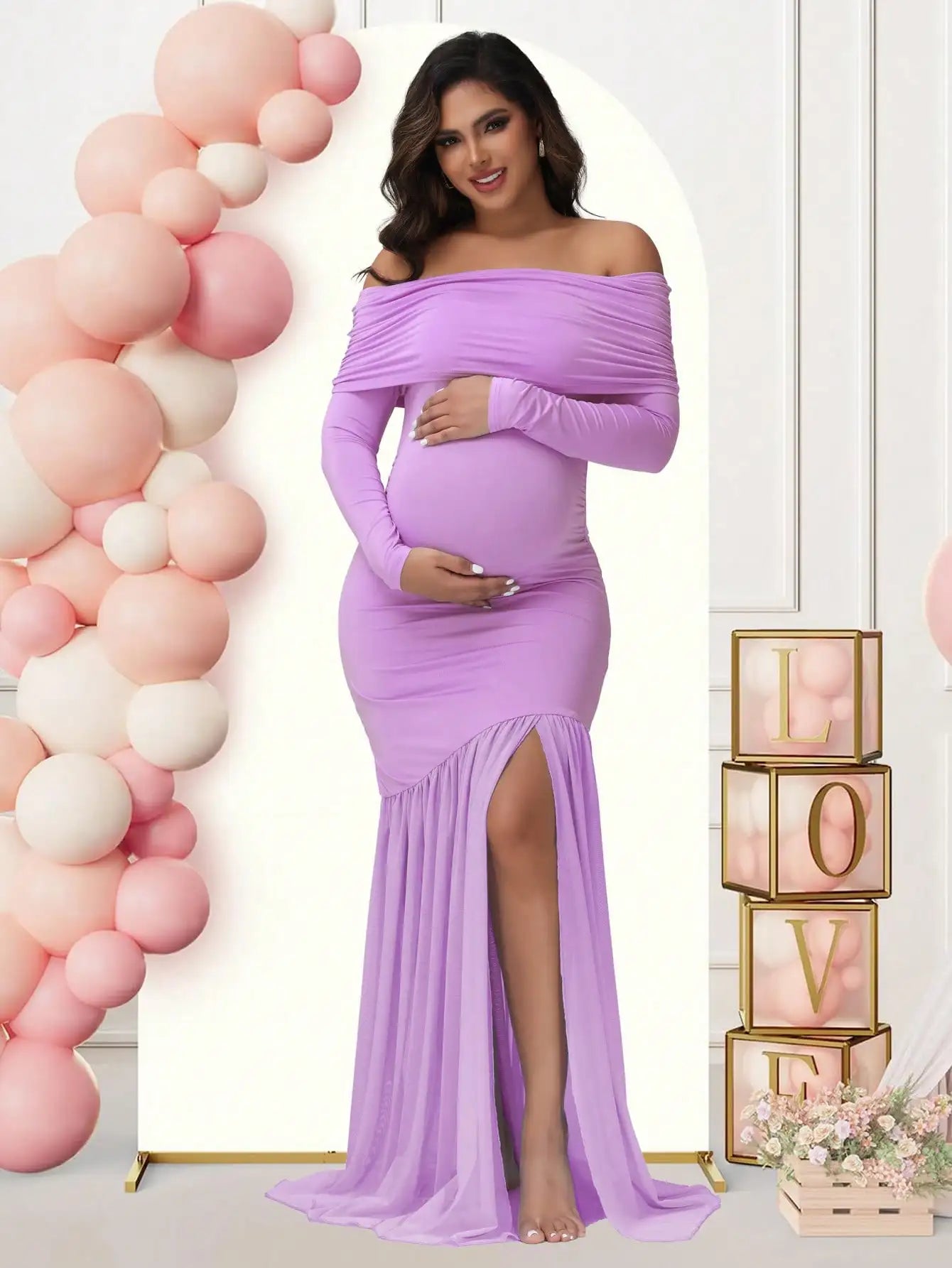 Maternity Photography Off-Shoulder Slits Fishtail Hem Baby Shower Clothes For Pregnant Woman Evening Party Elegant Gown