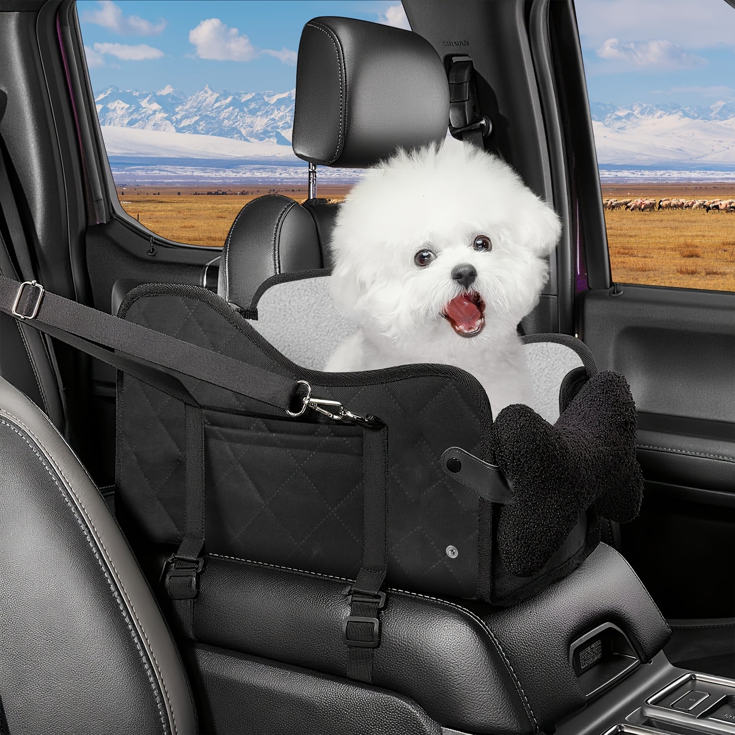 Comfortable Central Console Small/ Medium Dog/Cat Car Seat holds up to 12lbs/ 13.5in, Portable Cozy Booster Car Seat, Deluxe Pet Car Seat for Dogs & Cats with Safety Harness, Breathable Mesh & Soft Padding - for Safe & Comfor