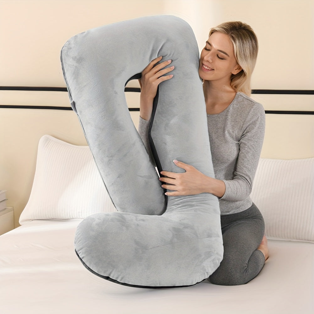 41" Compact J-Shaped Pregnancy Pillow with Removable Velvet Pillowcase - Ergonomic Belly & Hip Support for Side Sleepers, Breathable Memory Foam, Machine Washable Luxury Velvet Design - Ideal Gift for Expectant Mothers, Mater