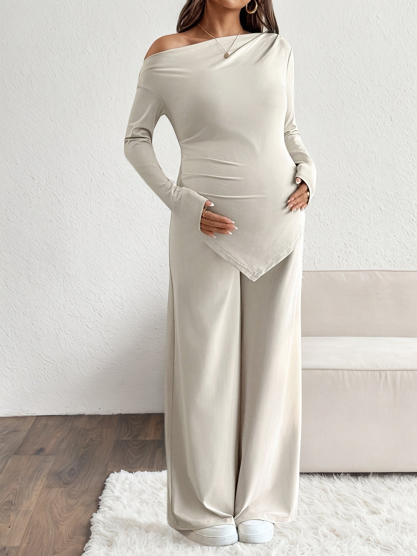 Maternity Casual Solid Color Asymmetrical Top and Pants 2pc Set, Spring and Autumn