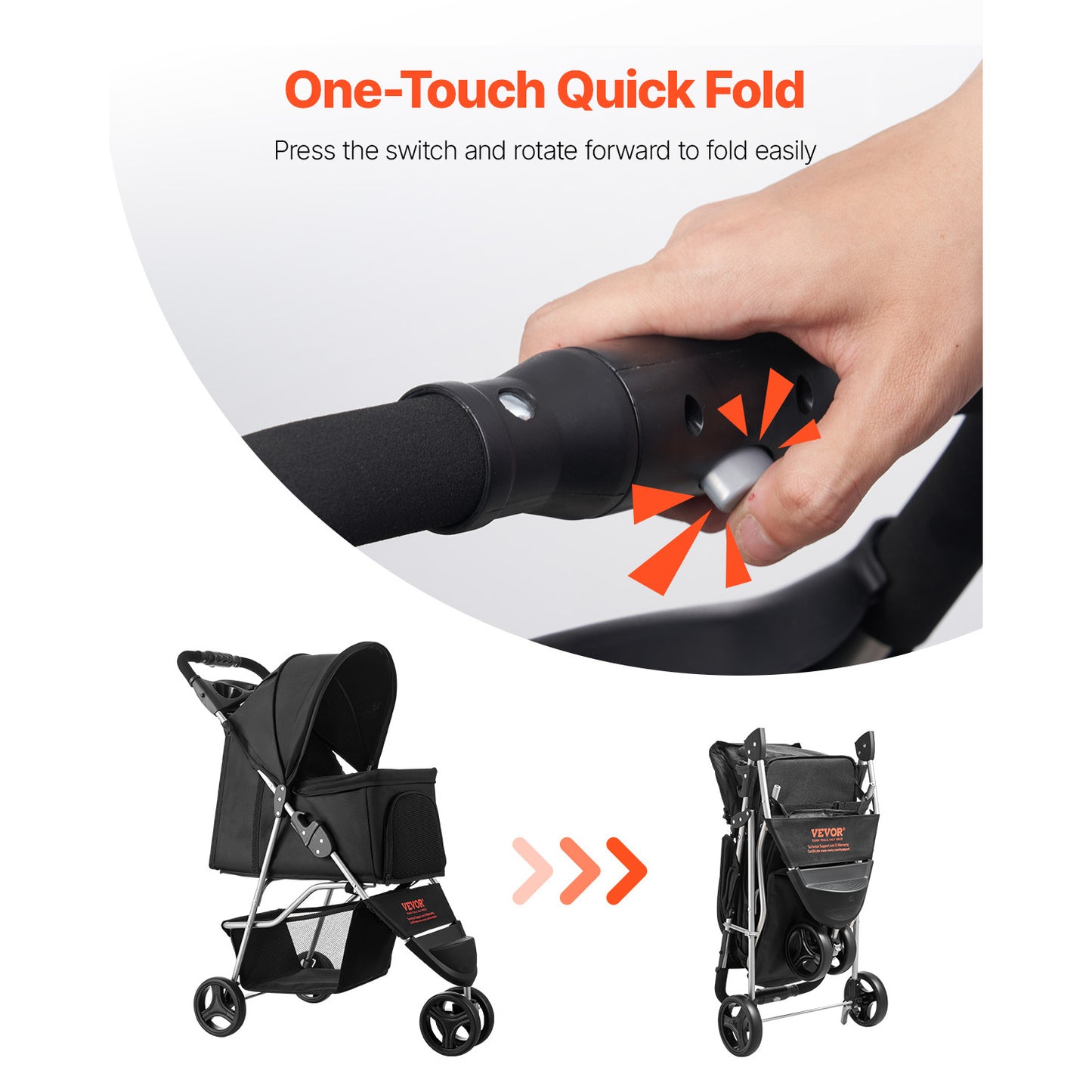 Foldable 3-Wheel Heavy-Duty Pet Stroller Cart Suitable for Small to Medium Dogs & Cats - Portable Dog Carrier Cart with Brake System, Cup Holders, Mesh Ventilation & Foldable, 35 Lbs Weight Capacity for Travel, Vet Visits, Ou