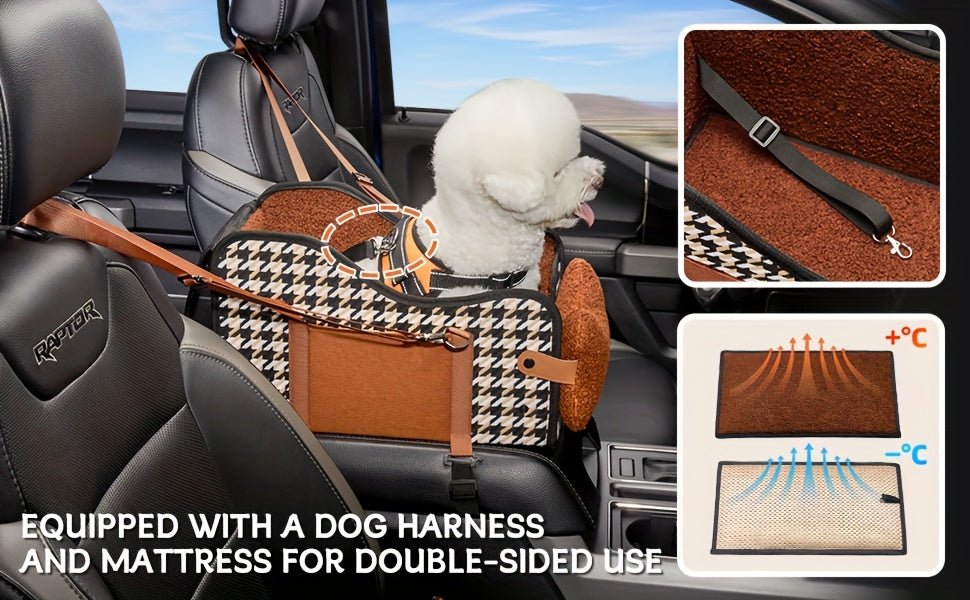Comfortable Central Console Small/ Medium Dog/Cat Car Seat holds up to 12lbs/ 13.5in, Portable Cozy Booster Car Seat, Deluxe Pet Car Seat for Dogs & Cats with Safety Harness, Breathable Mesh & Soft Padding - for Safe & Comfor