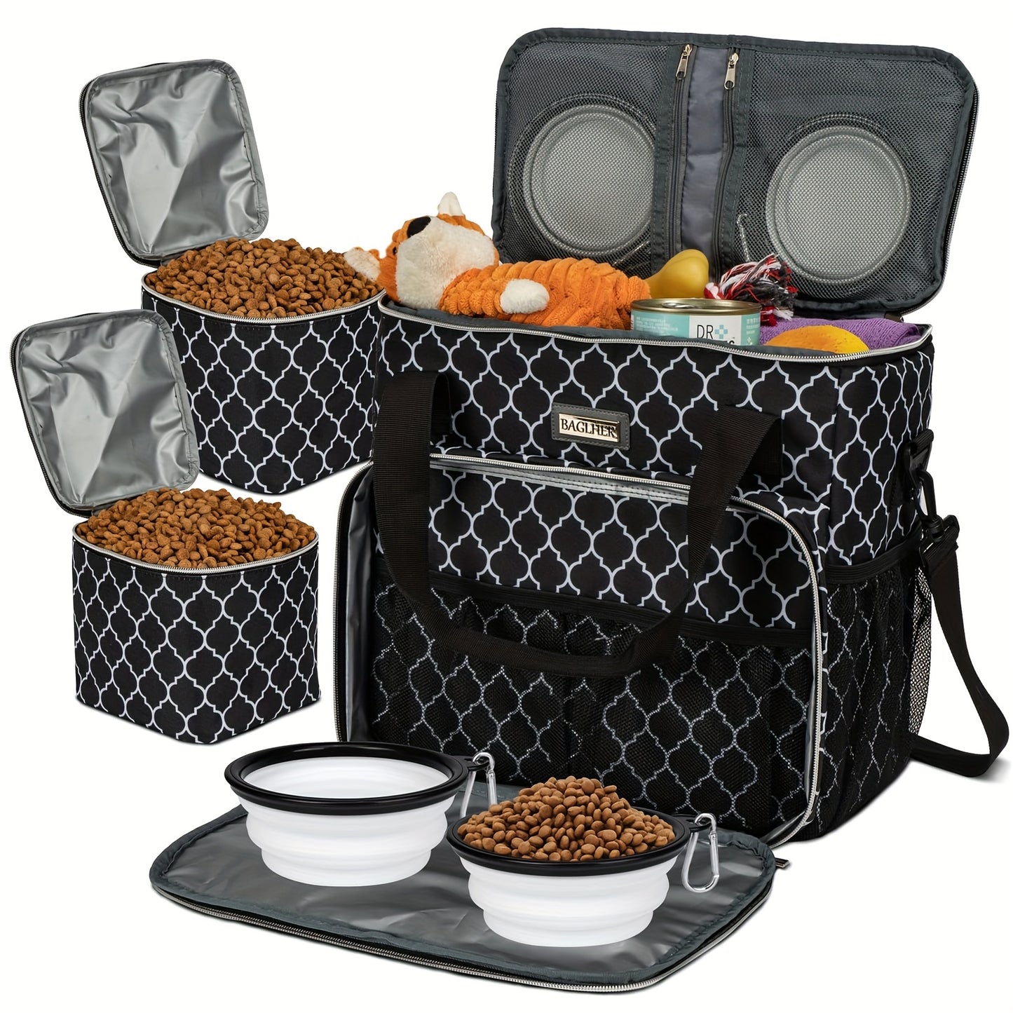 BAGLHER Thickened Pet Supplies Handbag, Portable and Easy to Carry, with Snacks, Toys, and Clothes for Cats and Dogs All in One Bag, and Comes with Two Folding Bowls and Two Food Baskets
