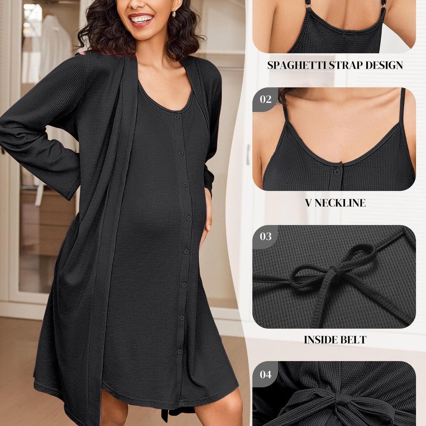 Nursing Maternity Nightgown and Robe Set - 2pcs,  Suitable for Prenatal And Postpartum Lounge wear