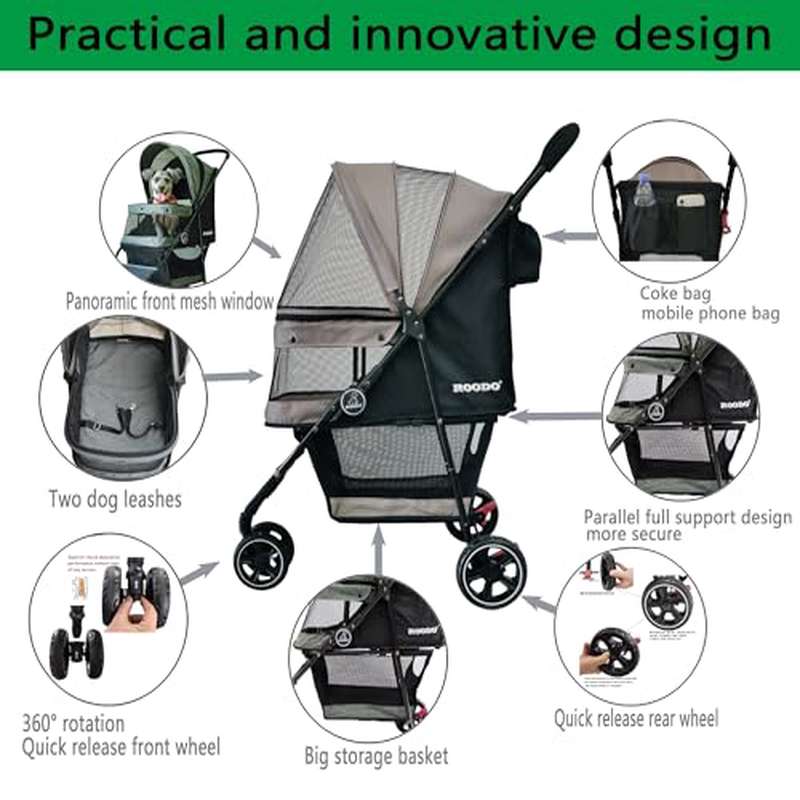 ROODO Escort 3 Wheel Pet Stroller for Small Medium Dogs Cats | Best Lightweight Foldable - All Terrain Travel Gear System, Grey, Made of Linen and Alloy Steel