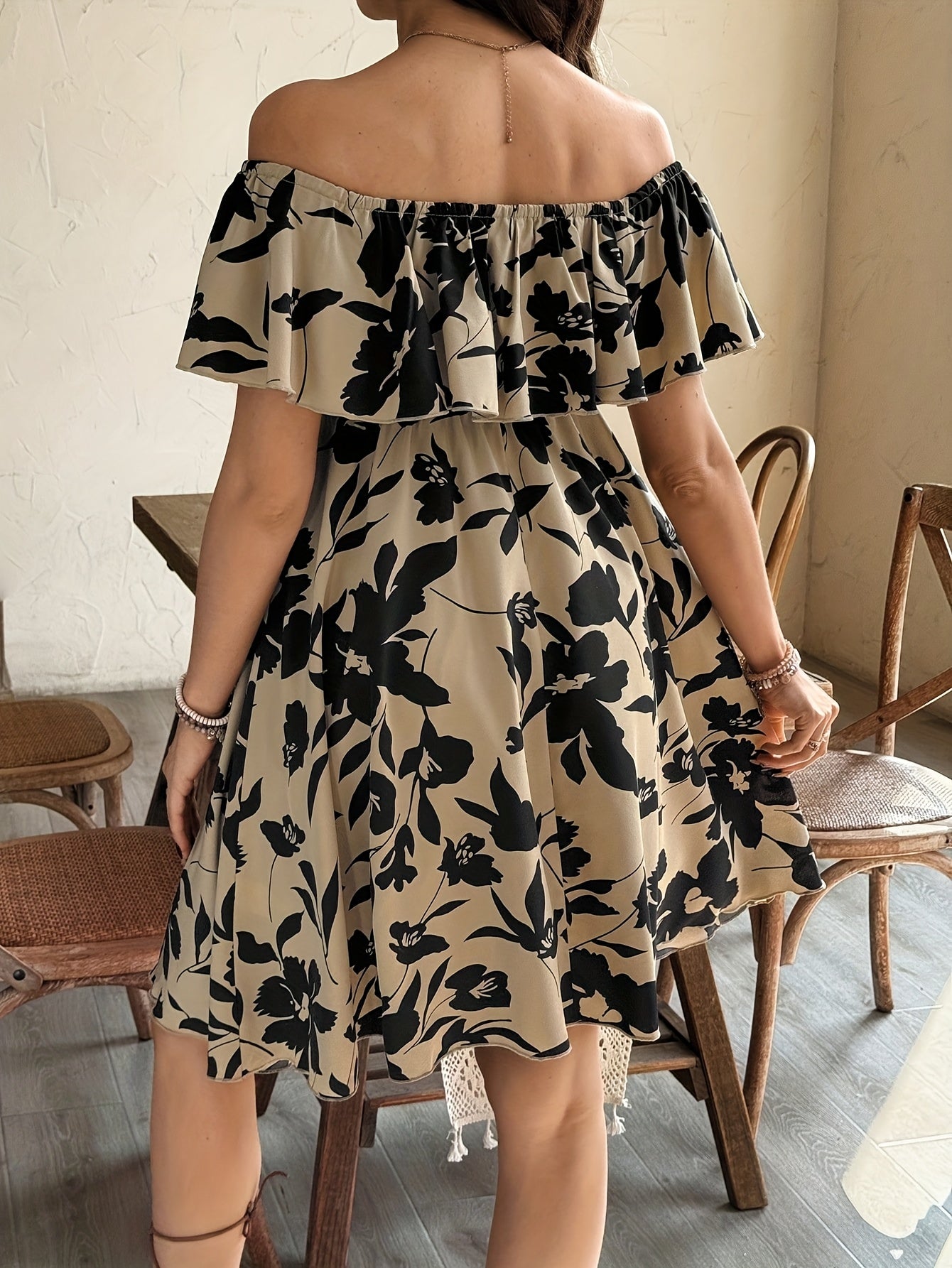Maternity Floral Print Off-Shoulder - Flowy A-Line Dress with & Floral Pattern, Non-Stretchy Fabric for Pregnancy, Casual & Formal Events
