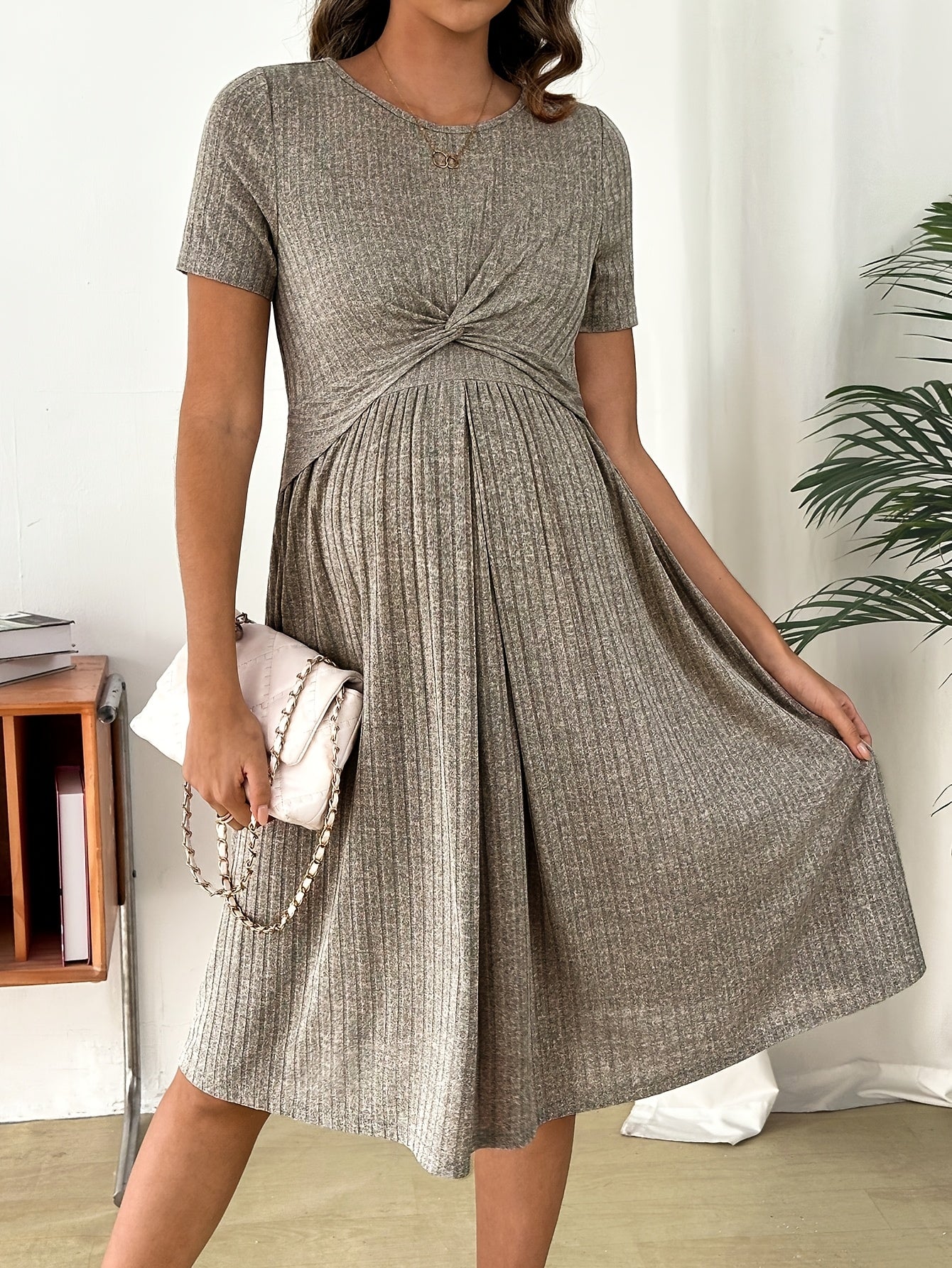 Casual Solid Color Twist Neck Nursing Dress, Summer