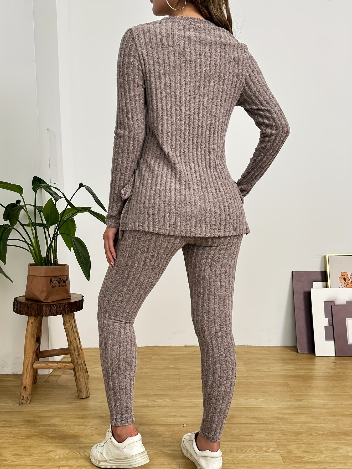Maternity Women's Fall/Winter 2PCS - Loose Warm Set with Long Sleeves, Round Neck Side Slit and Adjustable Pants Leg Ties