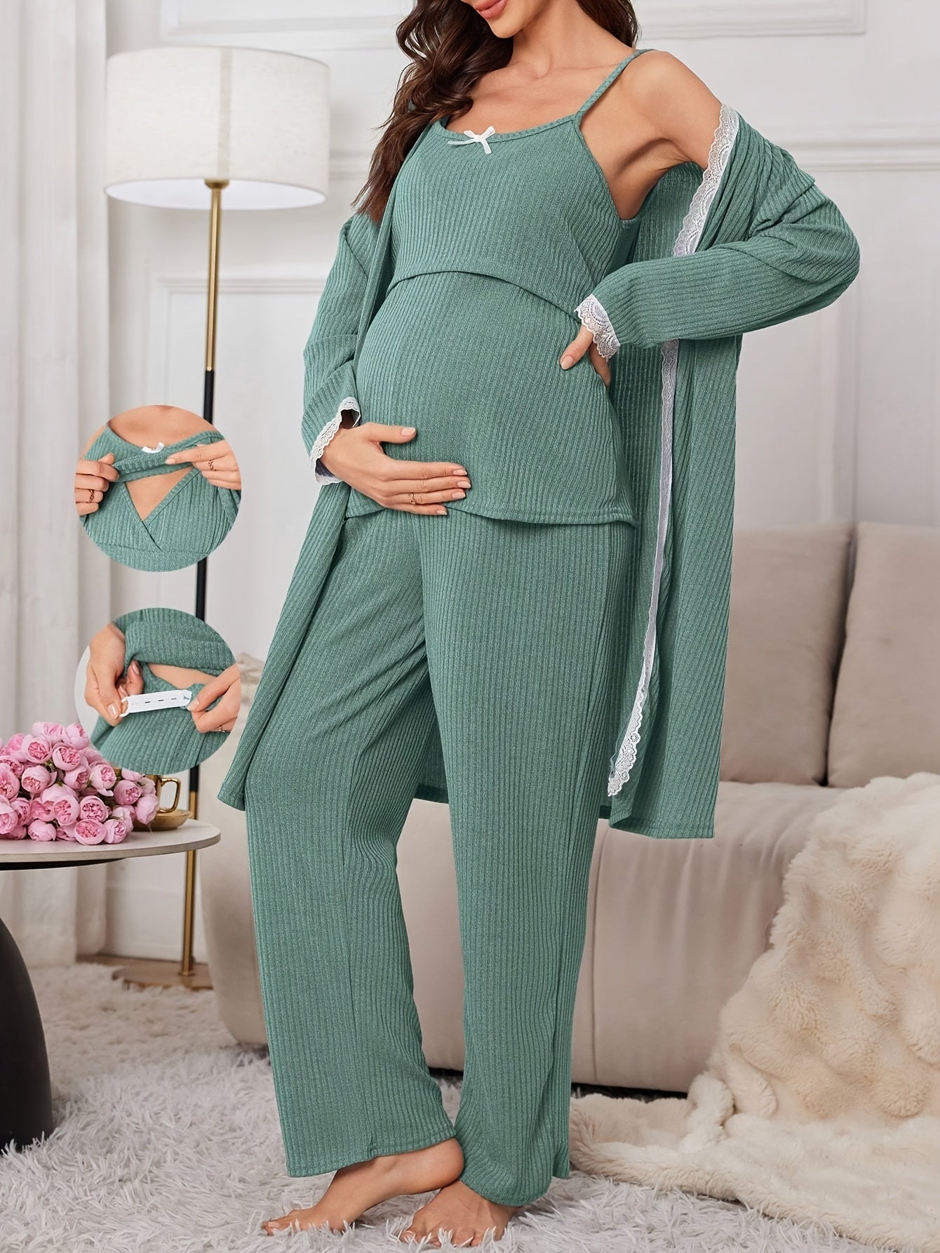Nursing Maternity - 3pcs Pajama Set, Soft and Comfy Spaghetti Strap Breastfeeding Top and Pant with Delicate Lace Trim Cardigan