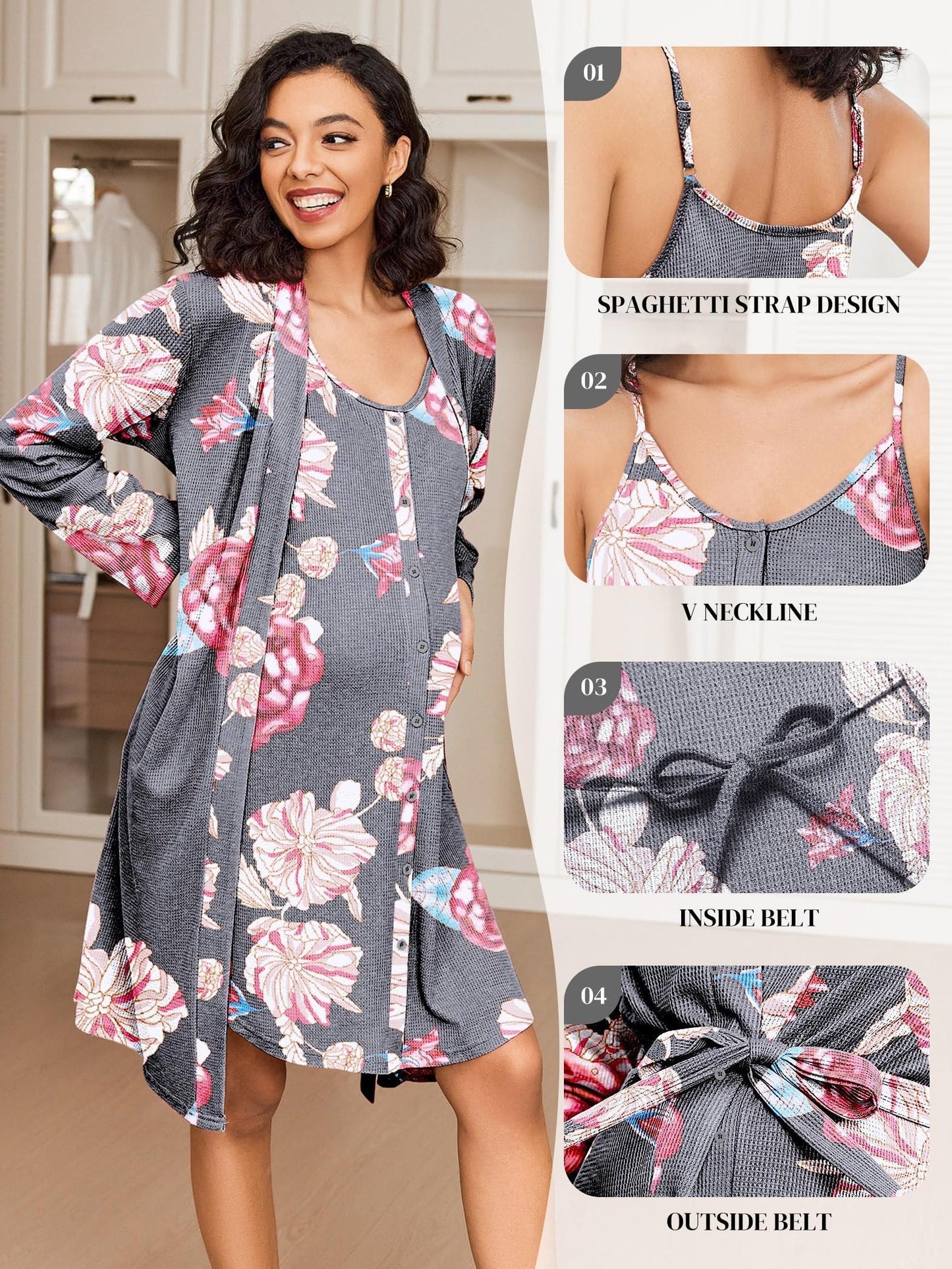 Nursing Maternity Nightgown and Robe, 2 pc, Suitable for Prenatal and Postpartum Loungewear