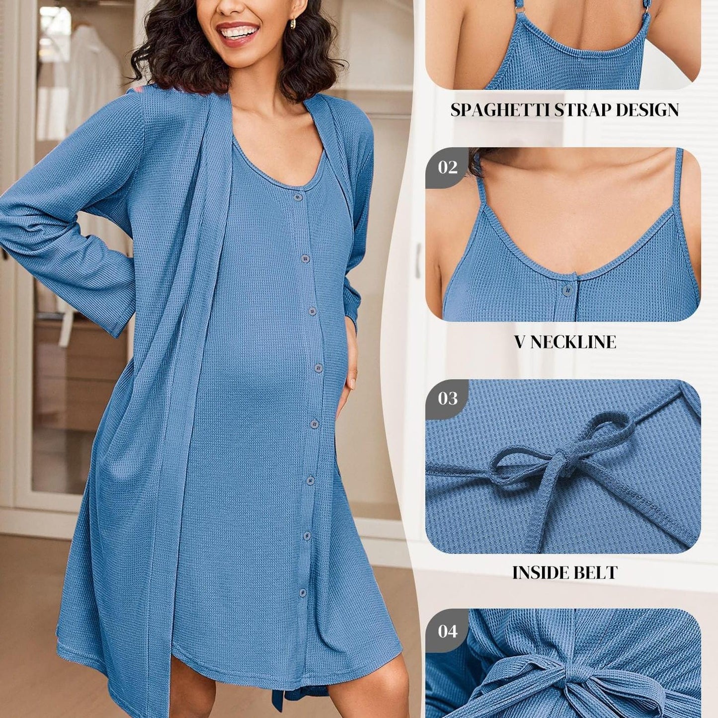 Nursing Maternity Nightgown and Robe Set - 2pcs,  Suitable for Prenatal And Postpartum Lounge wear