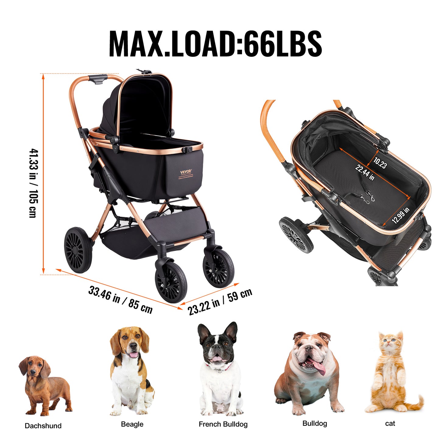 VEVOR Pet Stroller, 3/4 Wheels Dog Stroller Rotate with Brakes, 66/75 lbs Weight Capacity, Puppy Stroller with Detachable Carrier, Storage Basket and Pet Pad, for Small to Medium Sized Dogs, Black