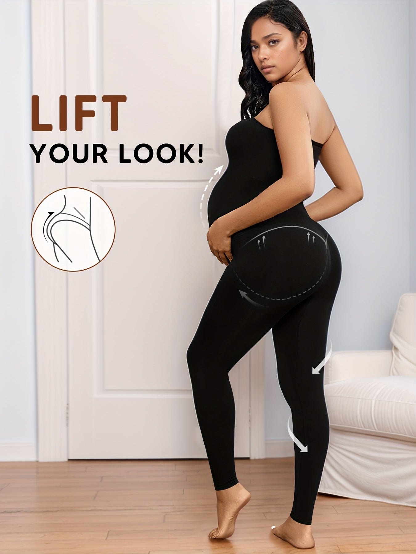 Maternity Bodysuit for Women, Strapless Seamless One-Piece, Stretchy Shapewear Jumpsuit with Under Belly, Elegant Full-Length Wear, Suitable for Prenatal & Postpartum, Machine Washable