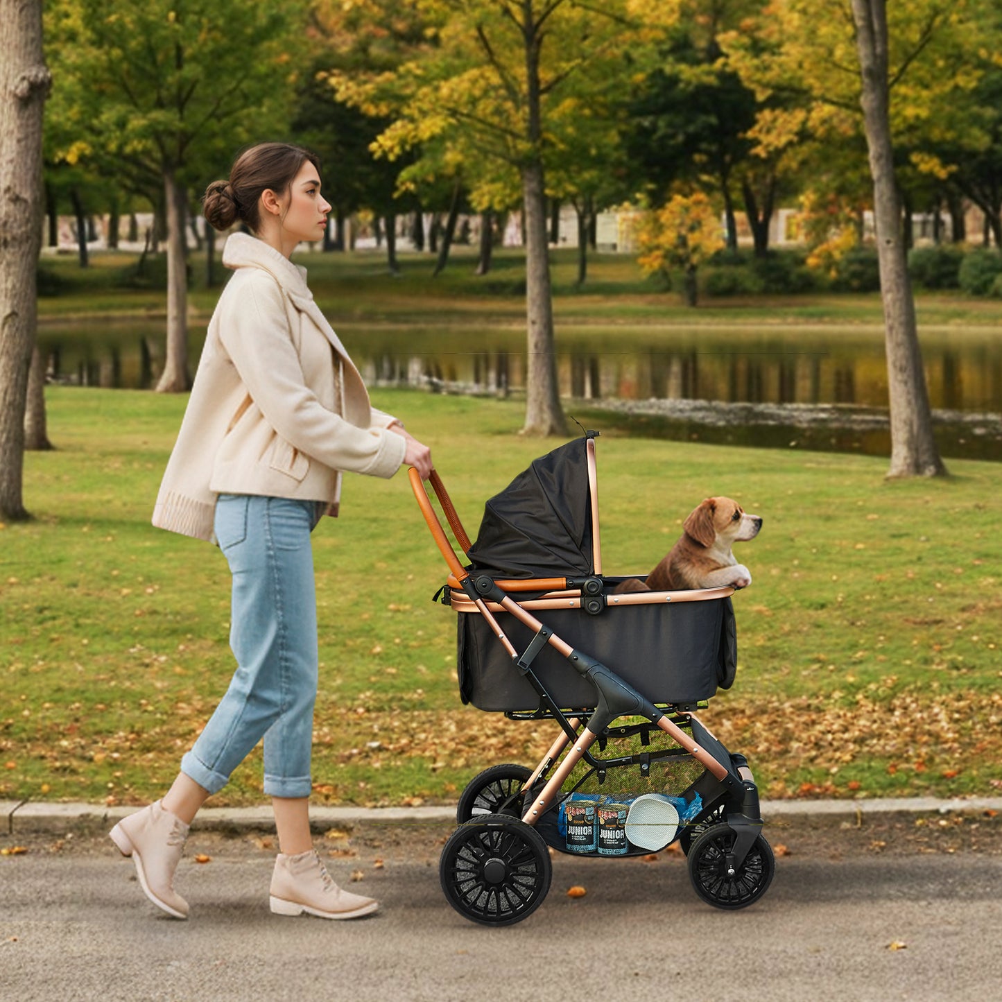 VEVOR Pet Stroller, 3/4 Wheels Dog Stroller Rotate with Brakes, 66/75 lbs Weight Capacity, Puppy Stroller with Detachable Carrier, Storage Basket and Pet Pad, for Small to Medium Sized Dogs, Black
