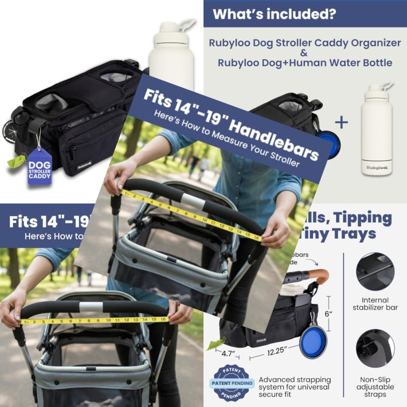 2-in-1 Dog Stroller Caddy Hydration System: Insulated Water Bottle & Bowl with Stroller Organizer - Leakproof Stainless Bottle, Poop Dispenser, Treat Pocket & Cup Holders - Compatible for dog strollers (Walks, Hikes, Park)