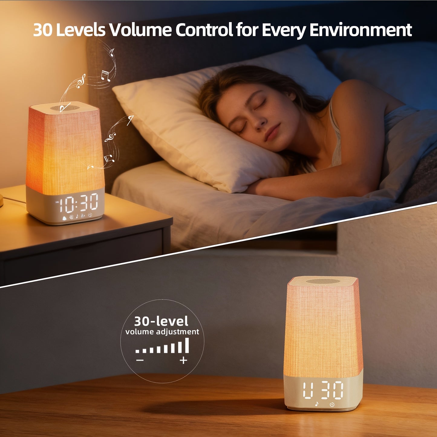 White Noise Machine with 7 Alarm Sounds & 20 Relaxing Music Tracks - Adjustable Volume, Night Light & Timer Suitable for Sleep, Focus Aid - Digital Alarm Clock with Soothing Sound Generator for Adults, Babies and Kids Bedside