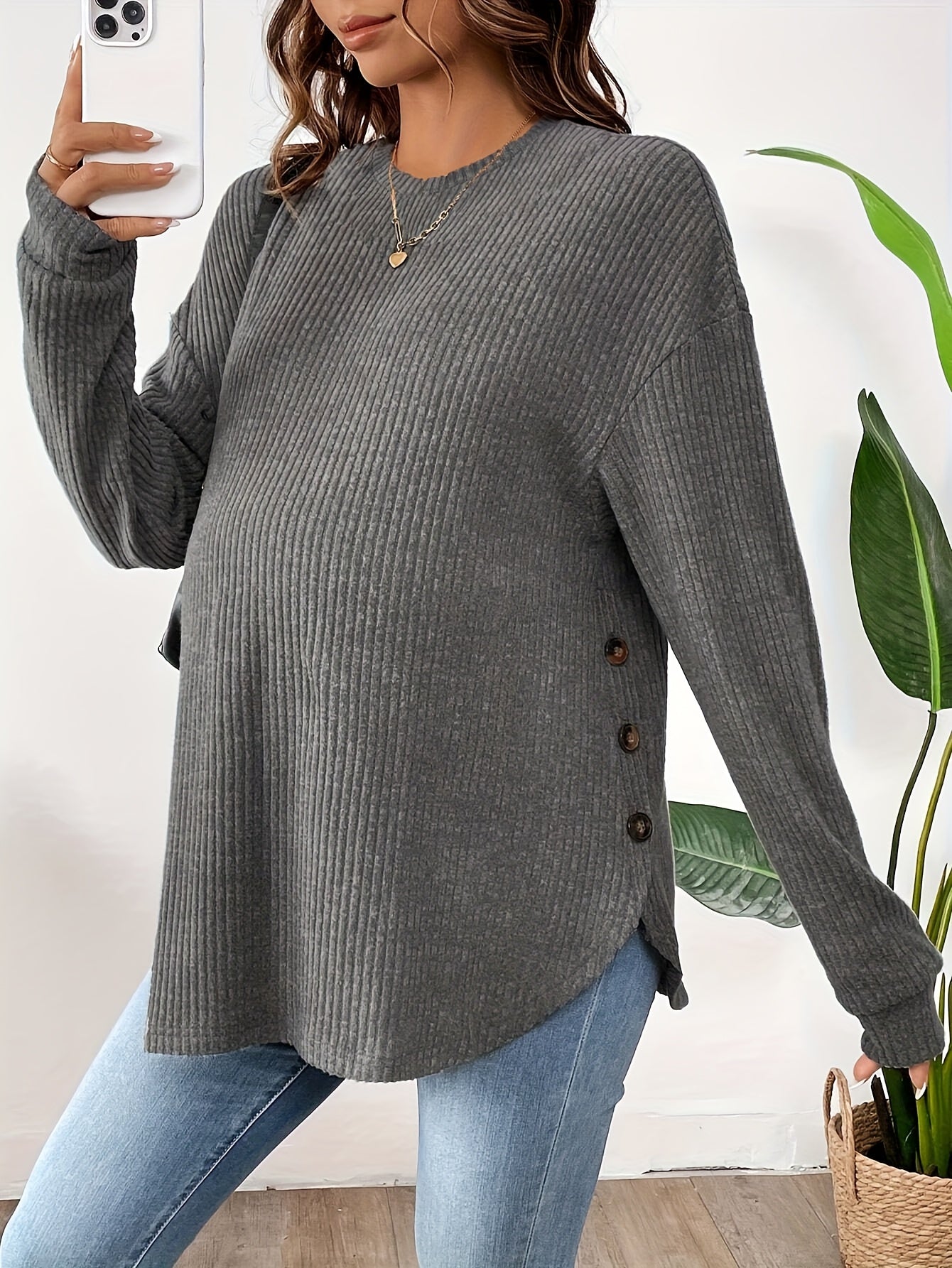 Maternity Long Sleeve Lined Knit Pullover Top With Adjustable Buttons, Round Neck, Perfect For Daily Wear AutumnWinter