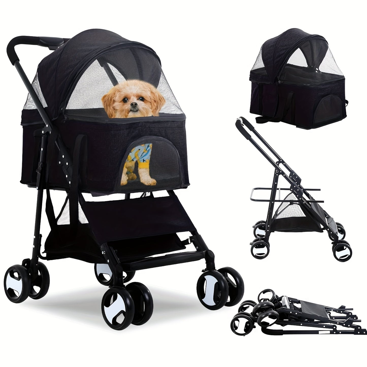 3-in-1 Multifunction Dog Stroller Pet Cat Premium | Jogger Stroller for Medium Small Dogs Cats Detachable Carrier with Storage Basket Waterproof Lightweight Folding for Travel