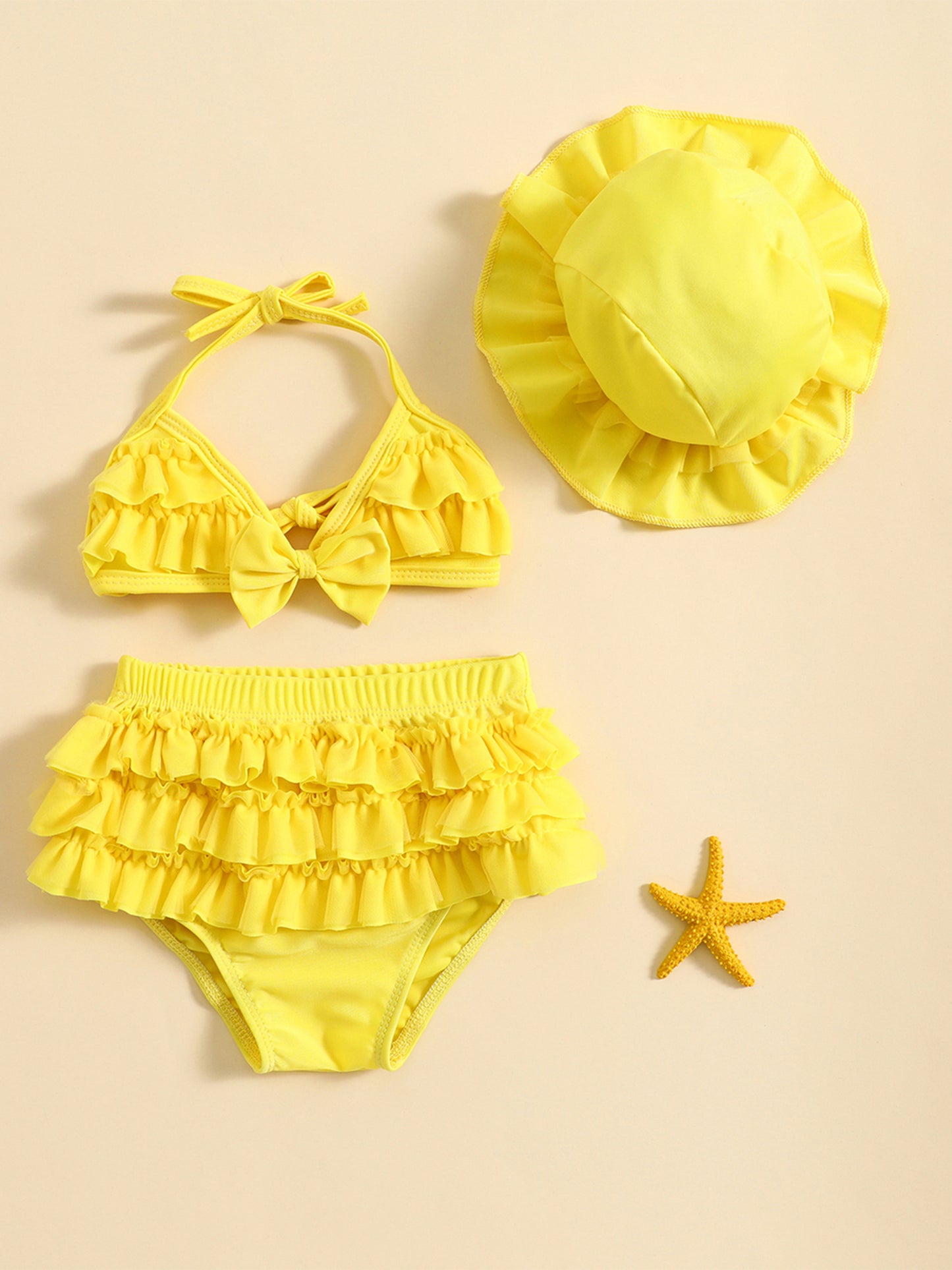 (3-36M) Baby Girls Summer Swimwear Outfit Sets Hanging Neck Tops + Layered Ruffle Shorts + Hat 2pcs bathing suit