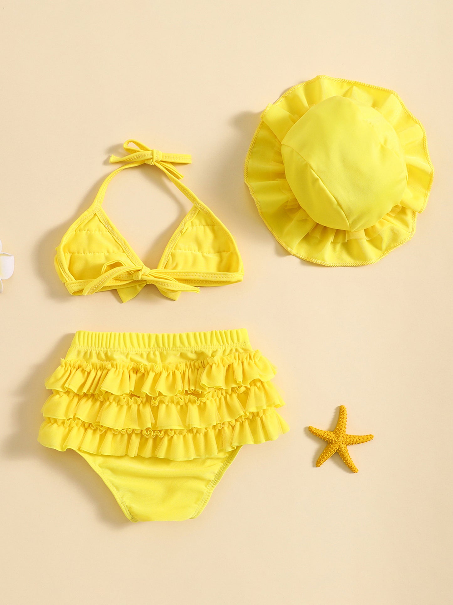 (3-36M) Baby Girls Summer Swimwear Outfit Sets Hanging Neck Tops + Layered Ruffle Shorts + Hat 2pcs bathing suit