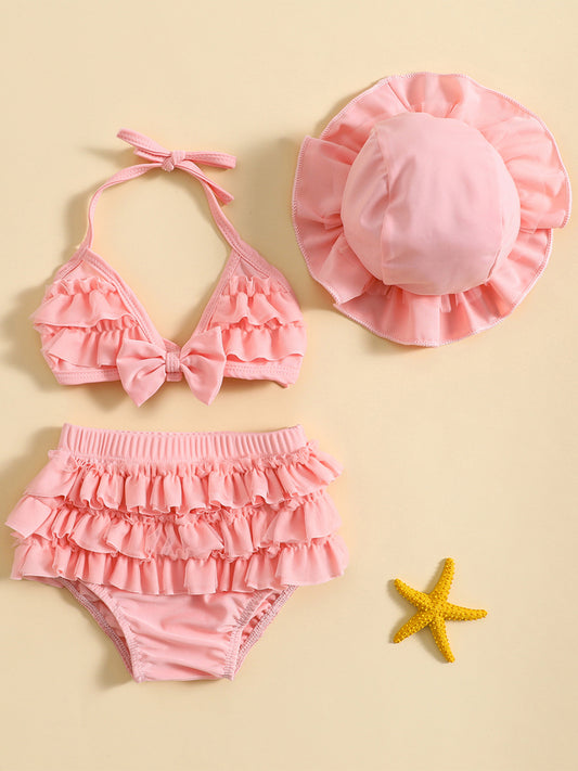 (3-36M) Baby Girls Summer Swimwear Outfit Sets Hanging Neck Tops + Layered Ruffle Shorts + Hat 2pcs bathing suit