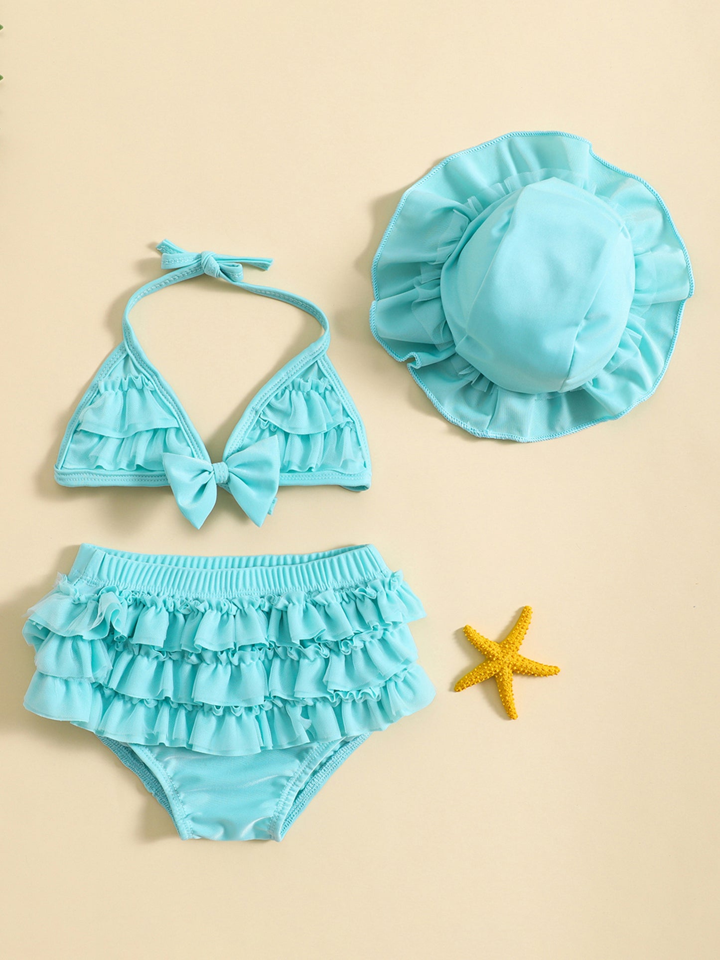 (3-36M) Baby Girls Summer Swimwear Outfit Sets Hanging Neck Tops + Layered Ruffle Shorts + Hat 2pcs bathing suit
