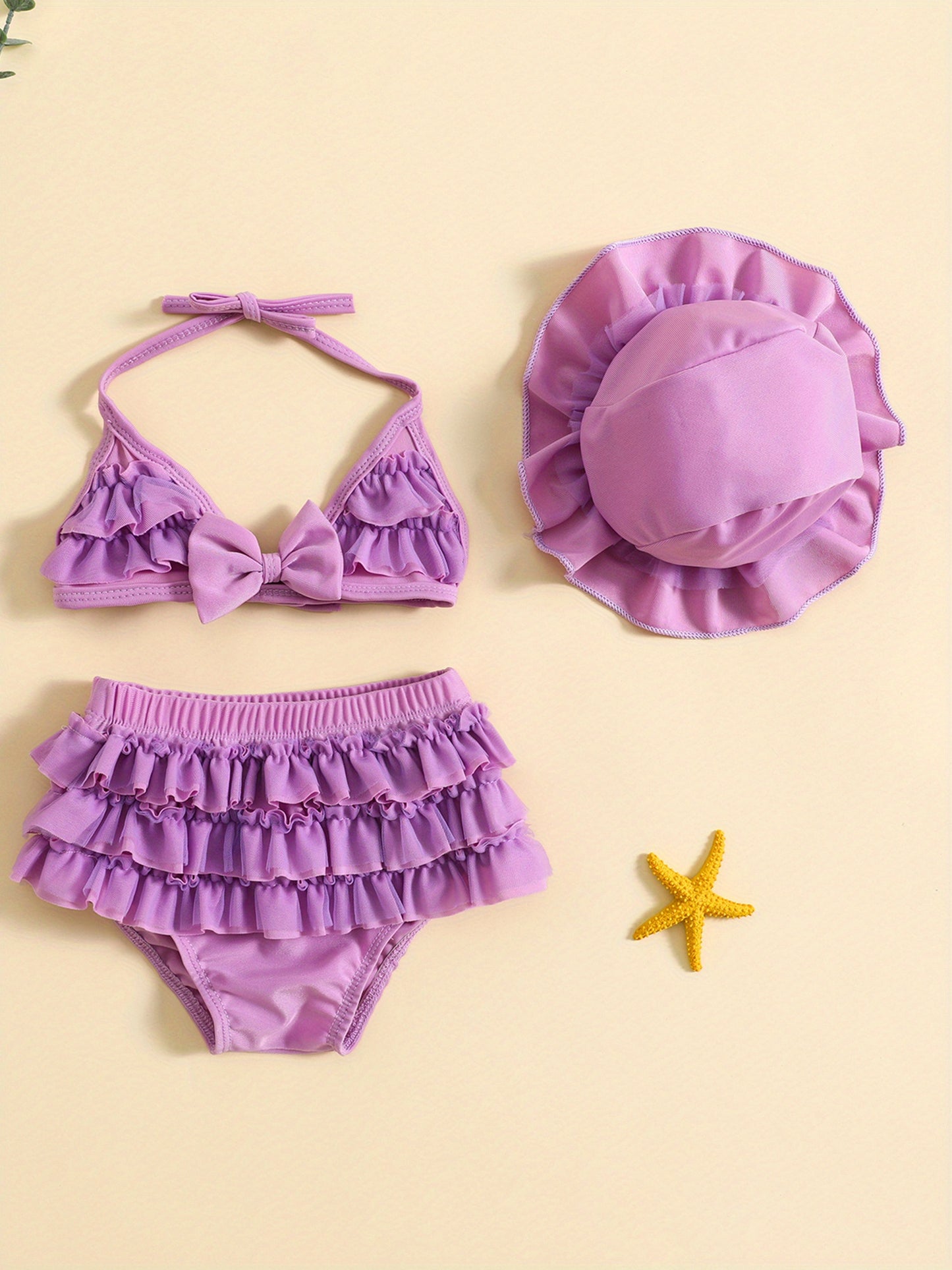 (3-36M) Baby Girls Summer Swimwear Outfit Sets Hanging Neck Tops + Layered Ruffle Shorts + Hat 2pcs bathing suit