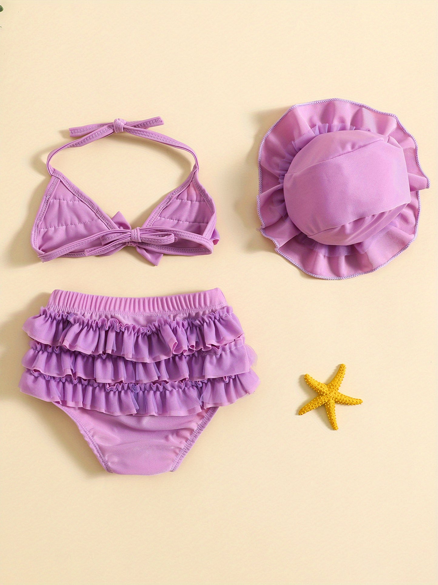 (3-36M) Baby Girls Summer Swimwear Outfit Sets Hanging Neck Tops + Layered Ruffle Shorts + Hat 2pcs bathing suit