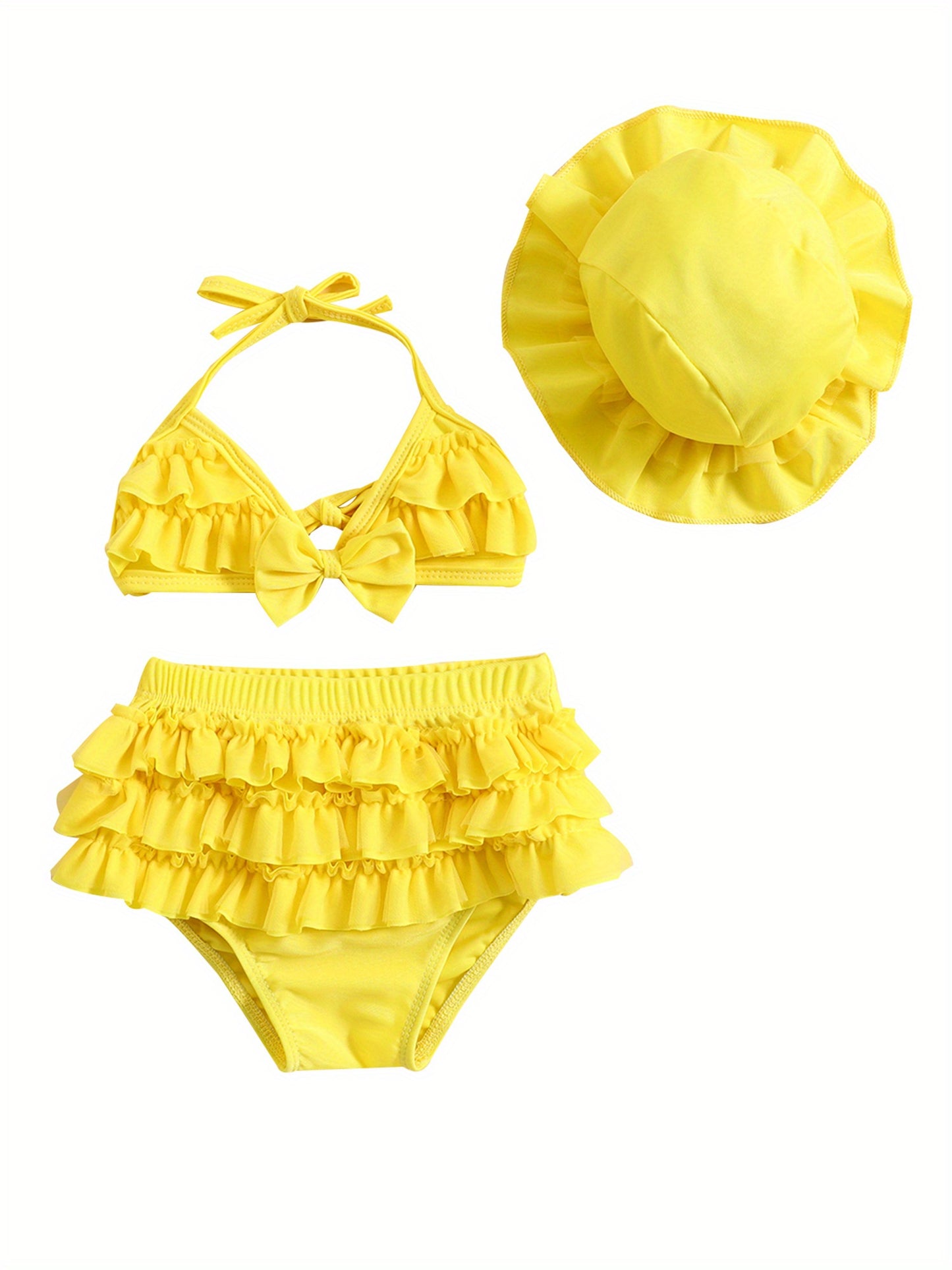 (3-36M) Baby Girls Summer Swimwear Outfit Sets Hanging Neck Tops + Layered Ruffle Shorts + Hat 2pcs bathing suit